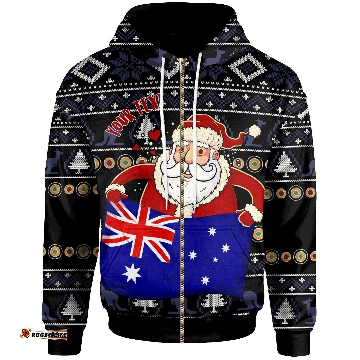 Christmas Personalised Zip Up Hoodie Australia Santa Claus Hold The Flag Black 01