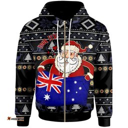 Christmas Personalised Zip Up Hoodie Australia Santa Claus Hold The Flag Black 01