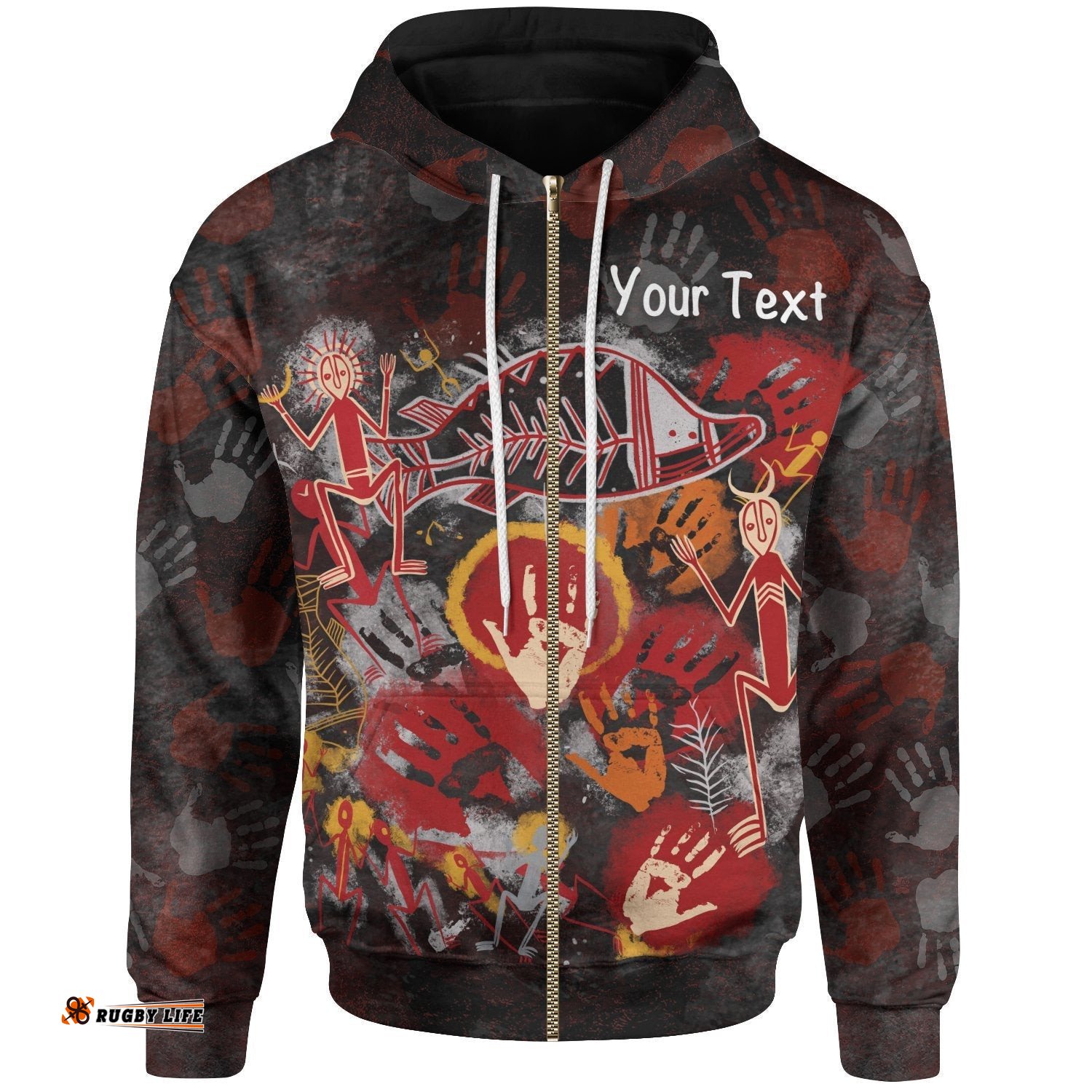 Custom Aboriginal Zip Up Hoodie Indigenous Fish Hand Art