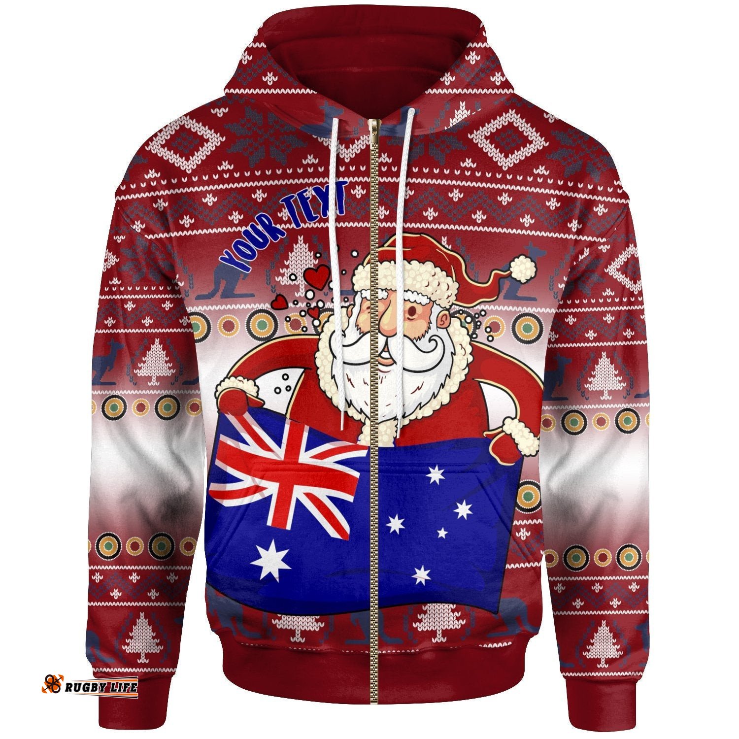 Christmas Personalised Zip Up Hoodie Australia Santa Claus Hold The Flag Red