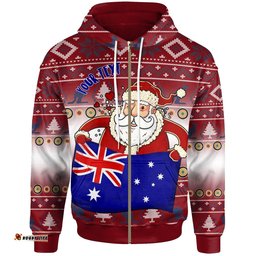 Christmas Personalised Zip Up Hoodie Australia Santa Claus Hold The Flag Red