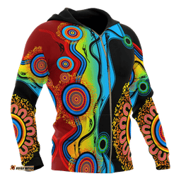 Aboriginal Zip Up Hoodie, Circle Dot Painting Flowers Patterns Blue Dream