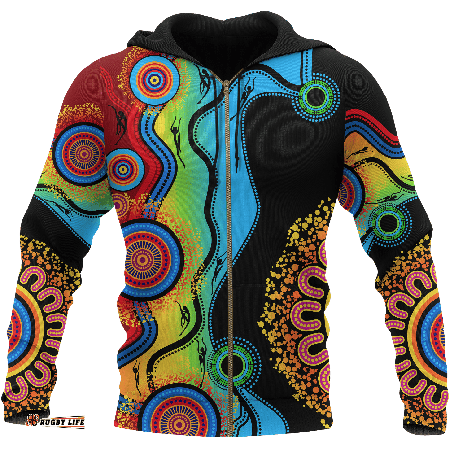 Aboriginal Zip Up Hoodie, Circle Dot Painting Flowers Patterns Blue Dream