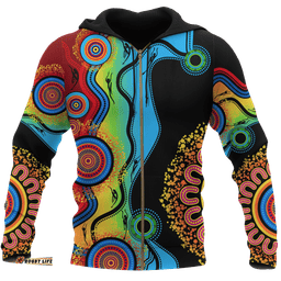 Aboriginal Zip Up Hoodie, Circle Dot Painting Flowers Patterns Blue Dream