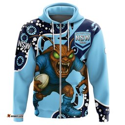 NSW Blues Rugby League Team Hoodie Indigenous - Custom New South Wales Blues Football Cockroaches Mascot Hoodie