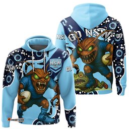 NSW Blues Rugby League Team Hoodie Indigenous - Custom New South Wales Blues Football Cockroaches Mascot Hoodie