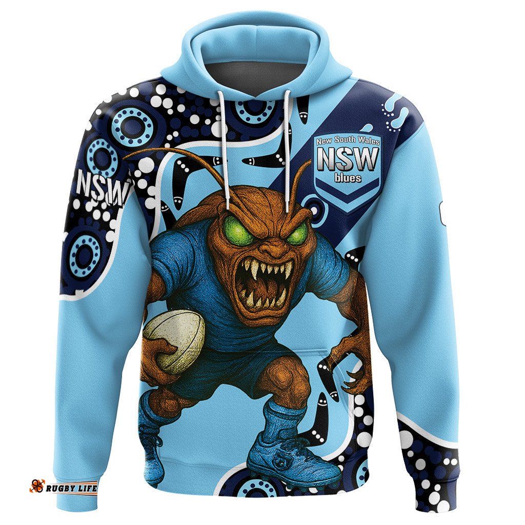 NSW Blues Rugby League Team Hoodie Indigenous - Custom New South Wales Blues Football Cockroaches Mascot Hoodie