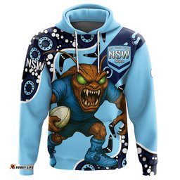 NSW Blues Rugby League Team Hoodie Indigenous - Custom New South Wales Blues Football Cockroaches Mascot Hoodie