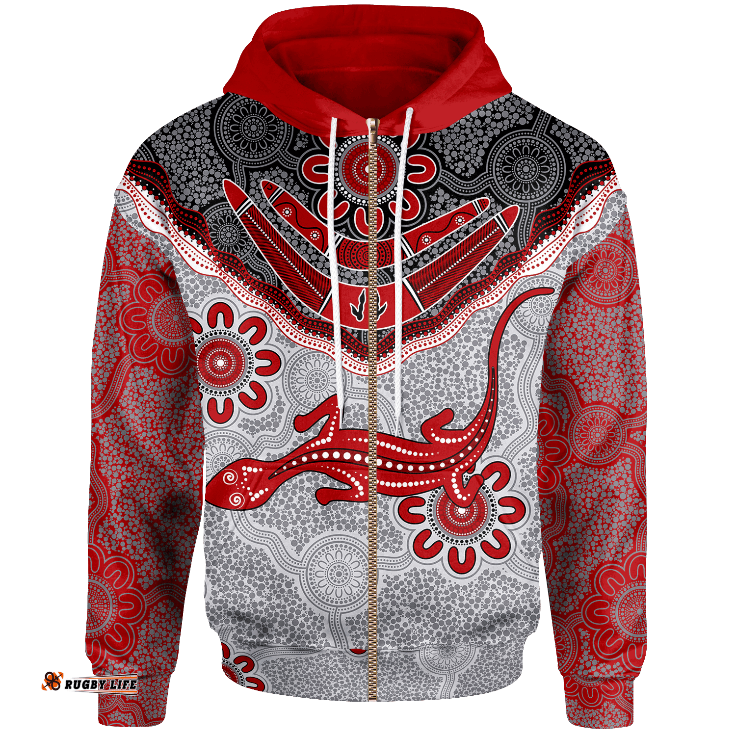Aboriginal Zip Up Hoodie Indigenous Boomerang and Lizard Art