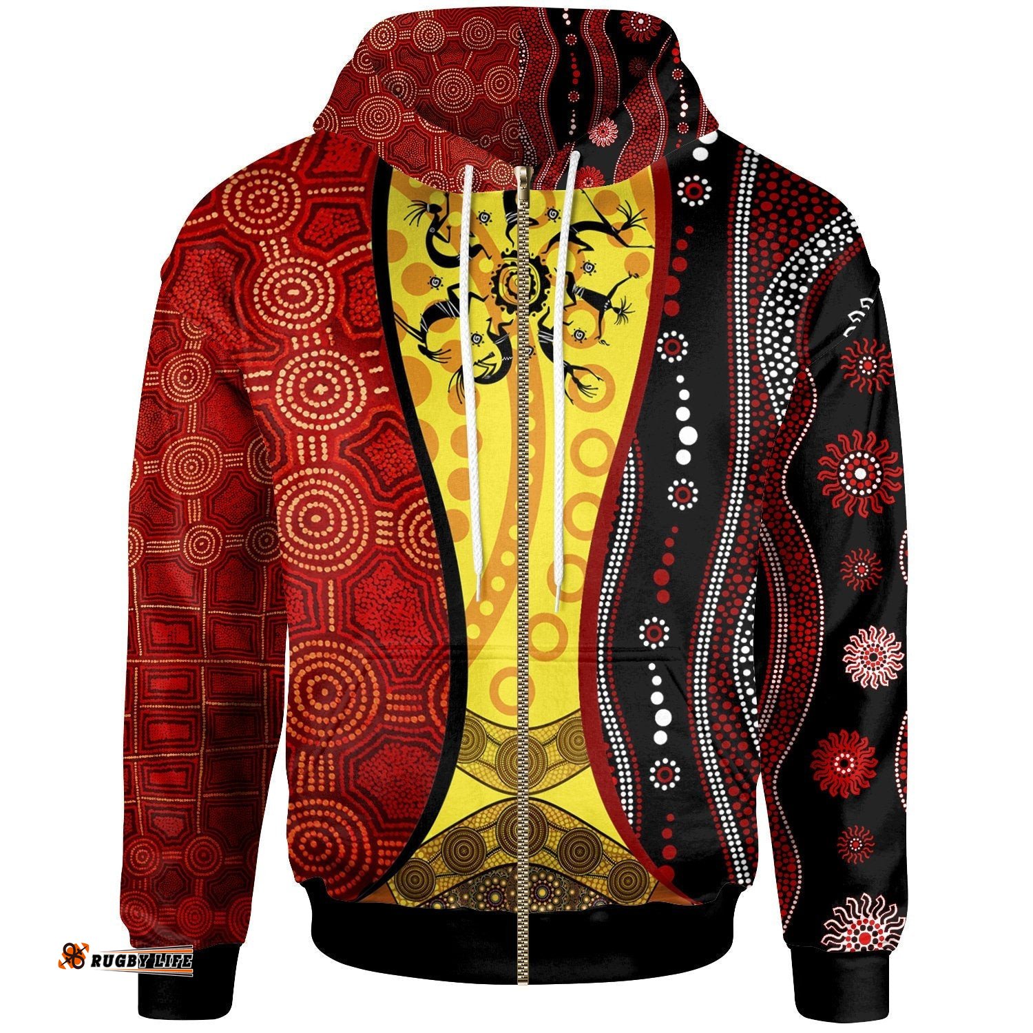 Aboriginal Zip Up Hoodie, Koori Dot Acrylic Paint and Dreamtime, Dance