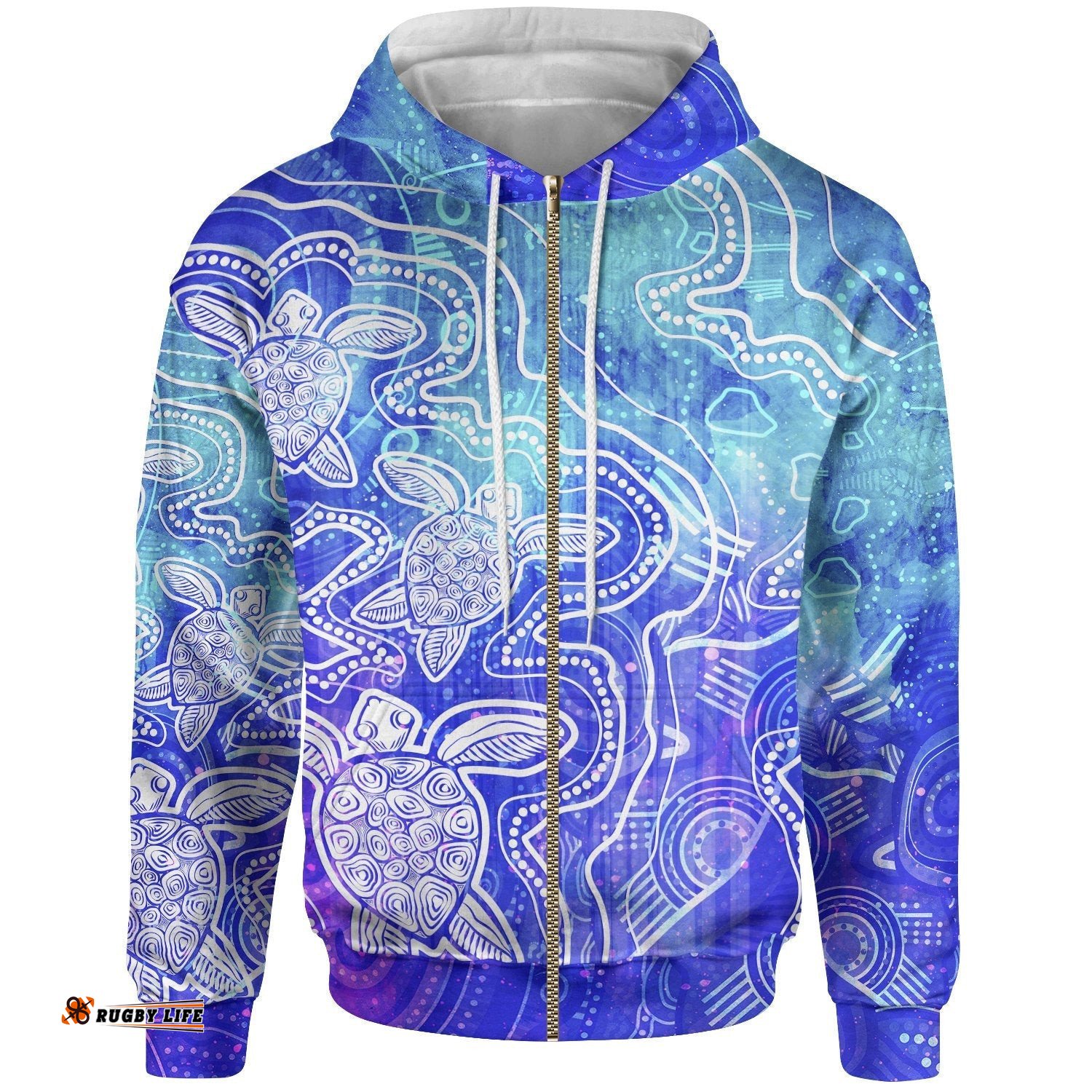 Aboriginal Hoodie Zip Up Sea Turtle With Indigenous Patterns Blue