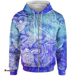 Aboriginal Hoodie Zip Up Sea Turtle With Indigenous Patterns Blue