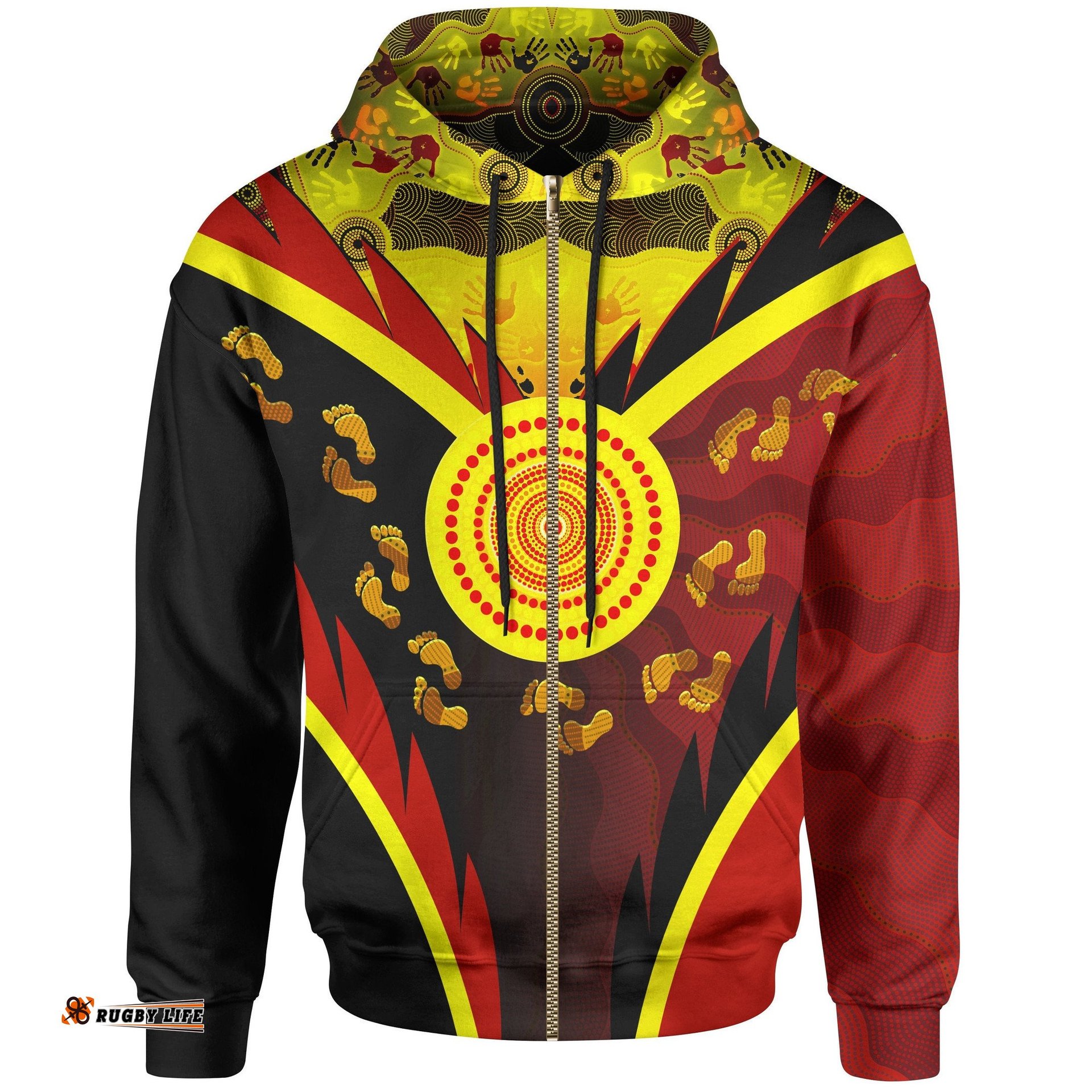 Aboriginal Zip Up Hoodie Indigenous Flag With Footprint Hand Art
