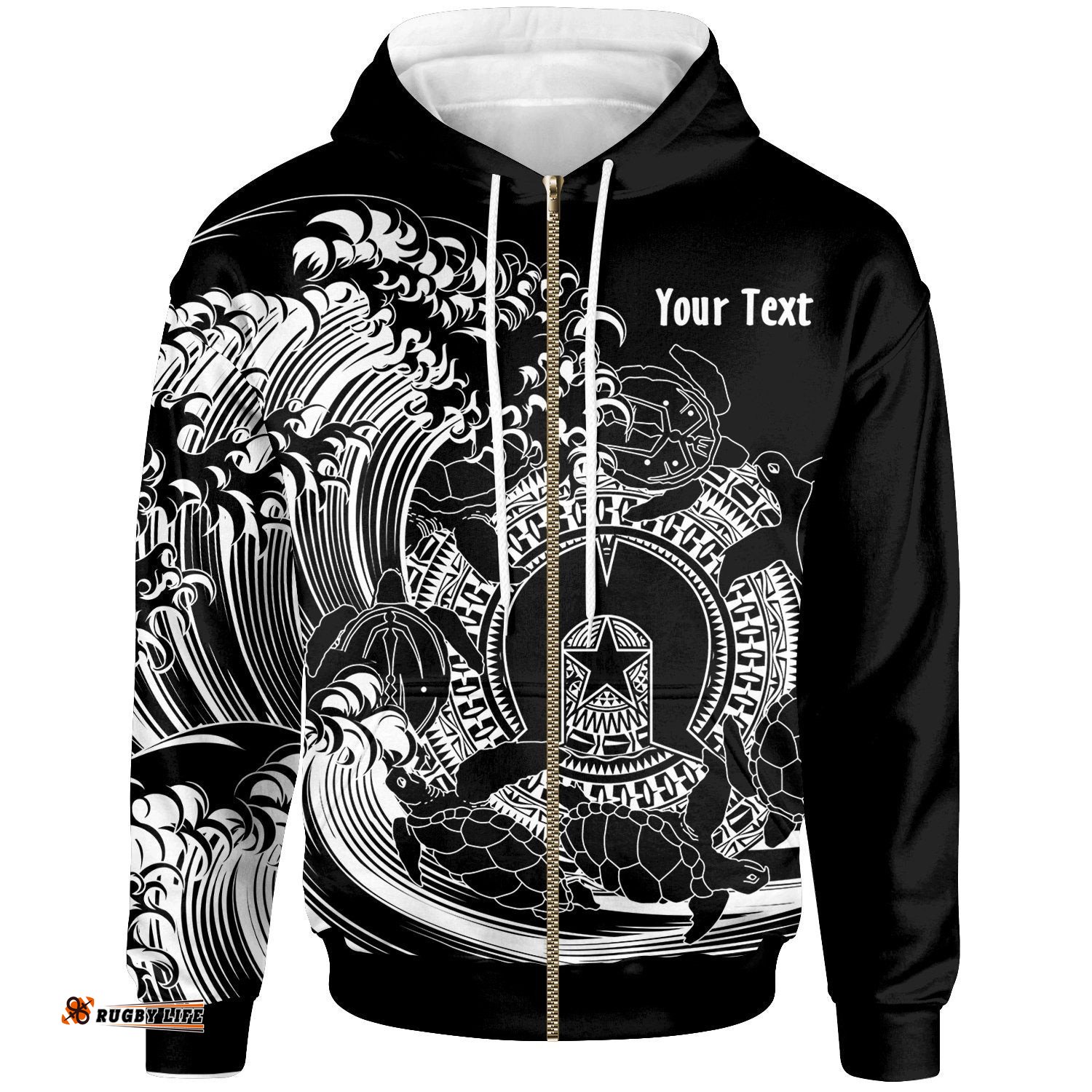 Custom Aboriginal Zip Up Hoodie, Torres Strait Islands in Wave Black
