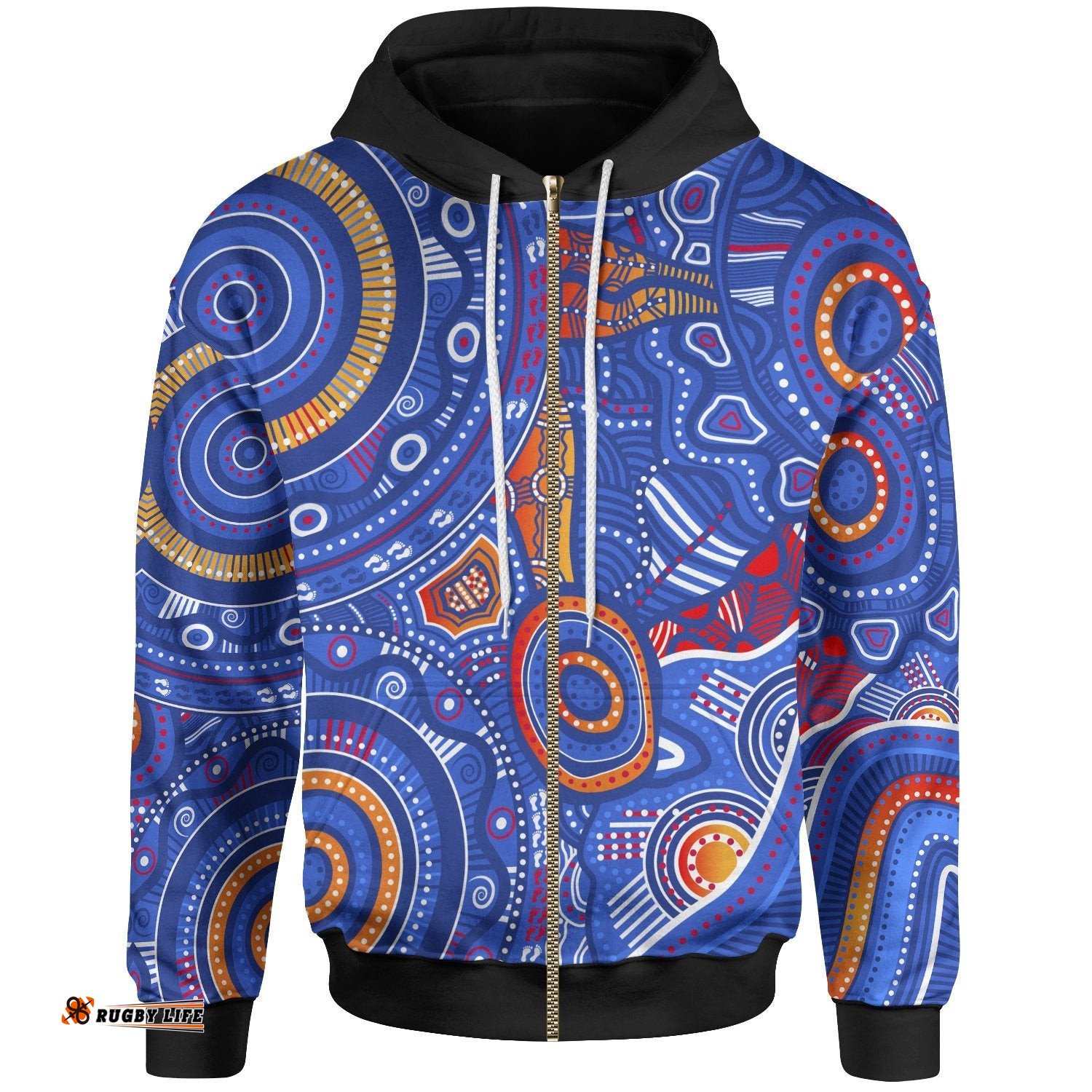 Aboriginal Zip Up Hoodie Indigenous Footprint Patterns Blue Color