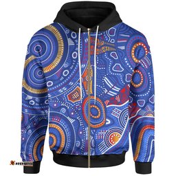 Aboriginal Zip Up Hoodie Indigenous Footprint Patterns Blue Color