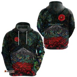custom personalised warriors rugby hoodie new zealand mount taranaki with poppy flowers anzac vibes paua shell tee ausie
