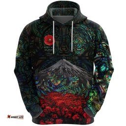 custom personalised warriors rugby hoodie new zealand mount taranaki with poppy flowers anzac vibes paua shell tee ausie