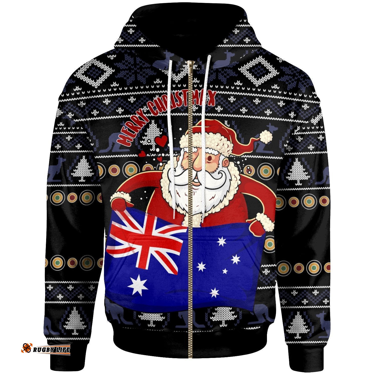 Christmas Zip Up Hoodie Australia Santa Claus Hold The Flag Black 09
