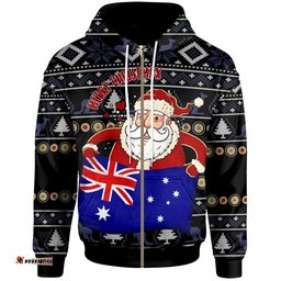 Christmas Zip Up Hoodie Australia Santa Claus Hold The Flag Black 09