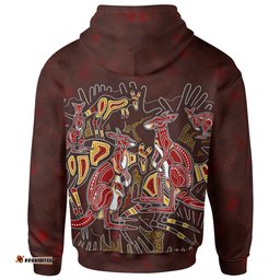 Custom Aboriginal Zip Up Hoodie Kangaroo family with Hand Art