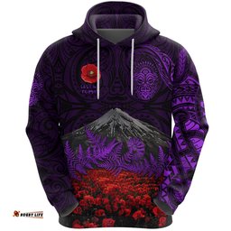 custom personalised warriors rugby hoodie new zealand mount taranaki with poppy flowers anzac vibes purple tee ausie