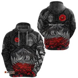 custom personalised warriors rugby hoodie new zealand mount taranaki with poppy flowers anzac vibes black tee ausie