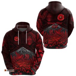 custom personalised warriors rugby hoodie new zealand mount taranaki with poppy flowers anzac vibes red custom text and number tee ausie