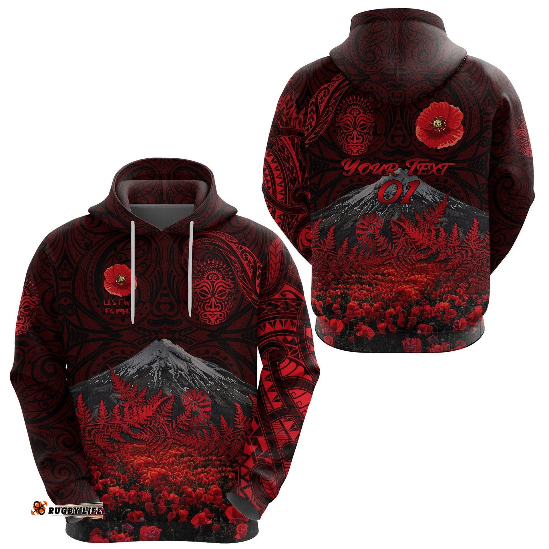 custom personalised warriors rugby hoodie new zealand mount taranaki with poppy flowers anzac vibes red custom text and number tee ausie