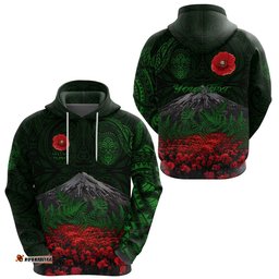 custom personalised warriors rugby hoodie new zealand mount taranaki with poppy flowers anzac vibes green tee ausie