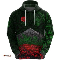custom personalised warriors rugby hoodie new zealand mount taranaki with poppy flowers anzac vibes green tee ausie