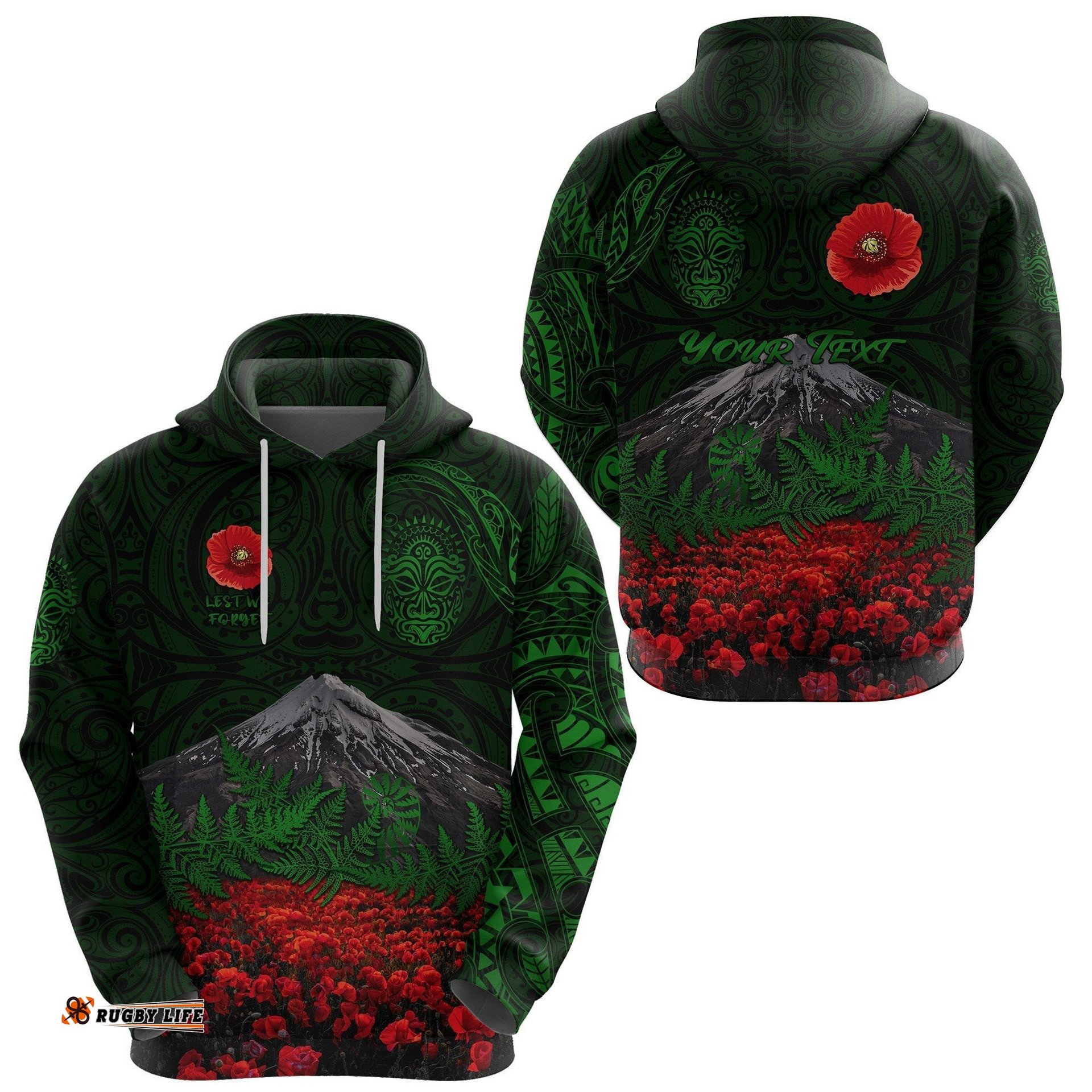 custom personalised warriors rugby hoodie new zealand mount taranaki with poppy flowers anzac vibes green tee ausie