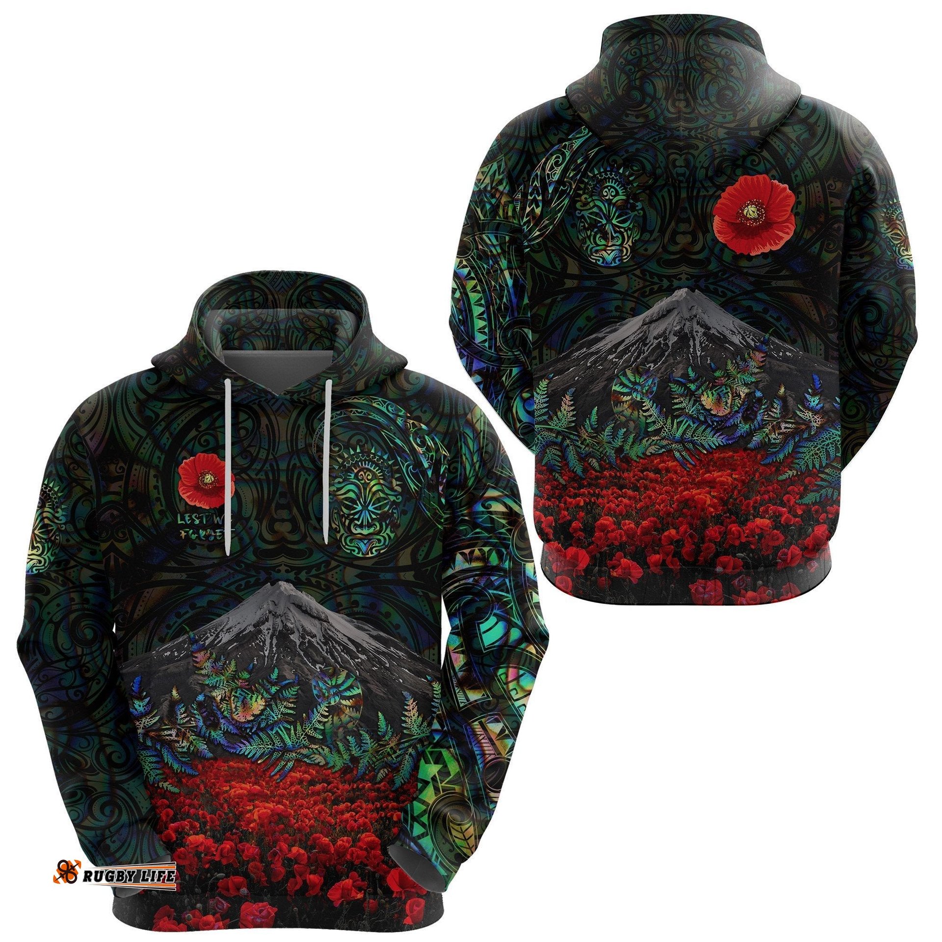 warriors rugby hoodie new zealand mount taranaki with poppy flowers anzac vibes paua shell tee ausie