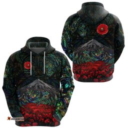 warriors rugby hoodie new zealand mount taranaki with poppy flowers anzac vibes paua shell tee ausie
