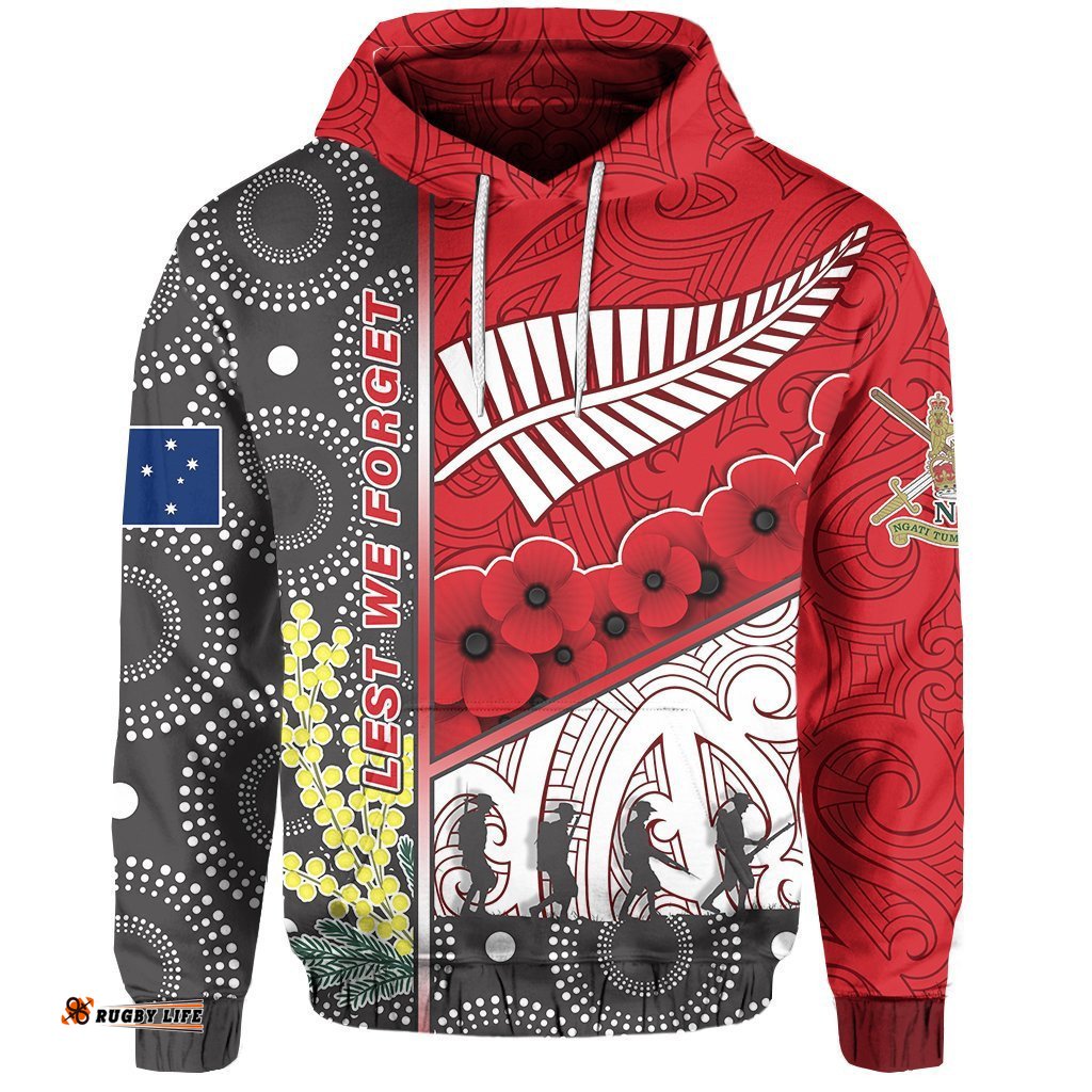 ANZAC Day Lest We Forget Hoodie Australia Indigenous and New Zealand Maori Red