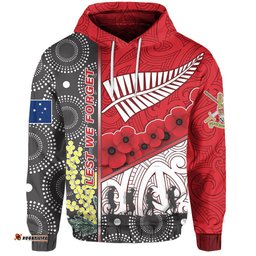 ANZAC Day Lest We Forget Hoodie Australia Indigenous and New Zealand Maori Red