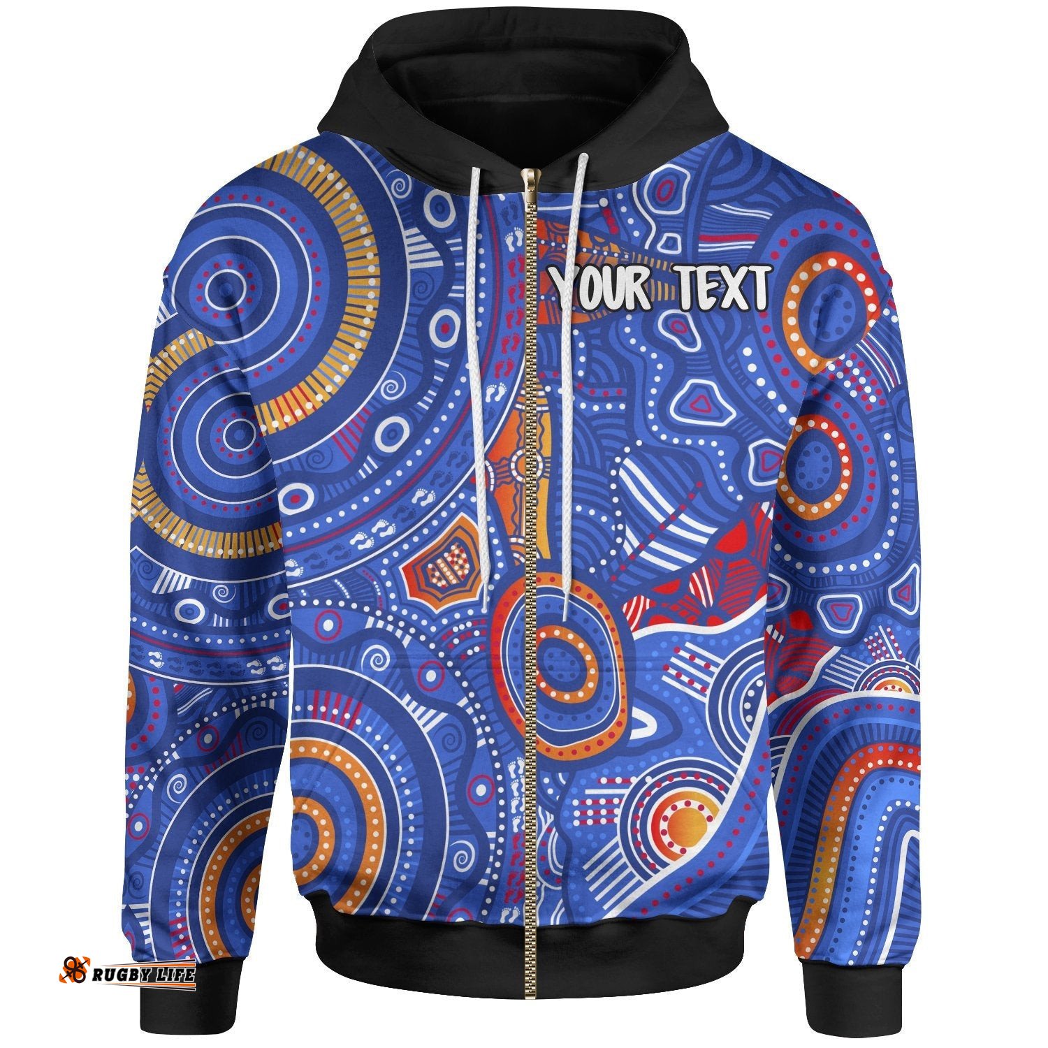 Custom Text Aboriginal Zip Up Hoodie Indigenous Footprint Patterns Blue Color