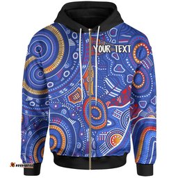 Custom Text Aboriginal Zip Up Hoodie Indigenous Footprint Patterns Blue Color