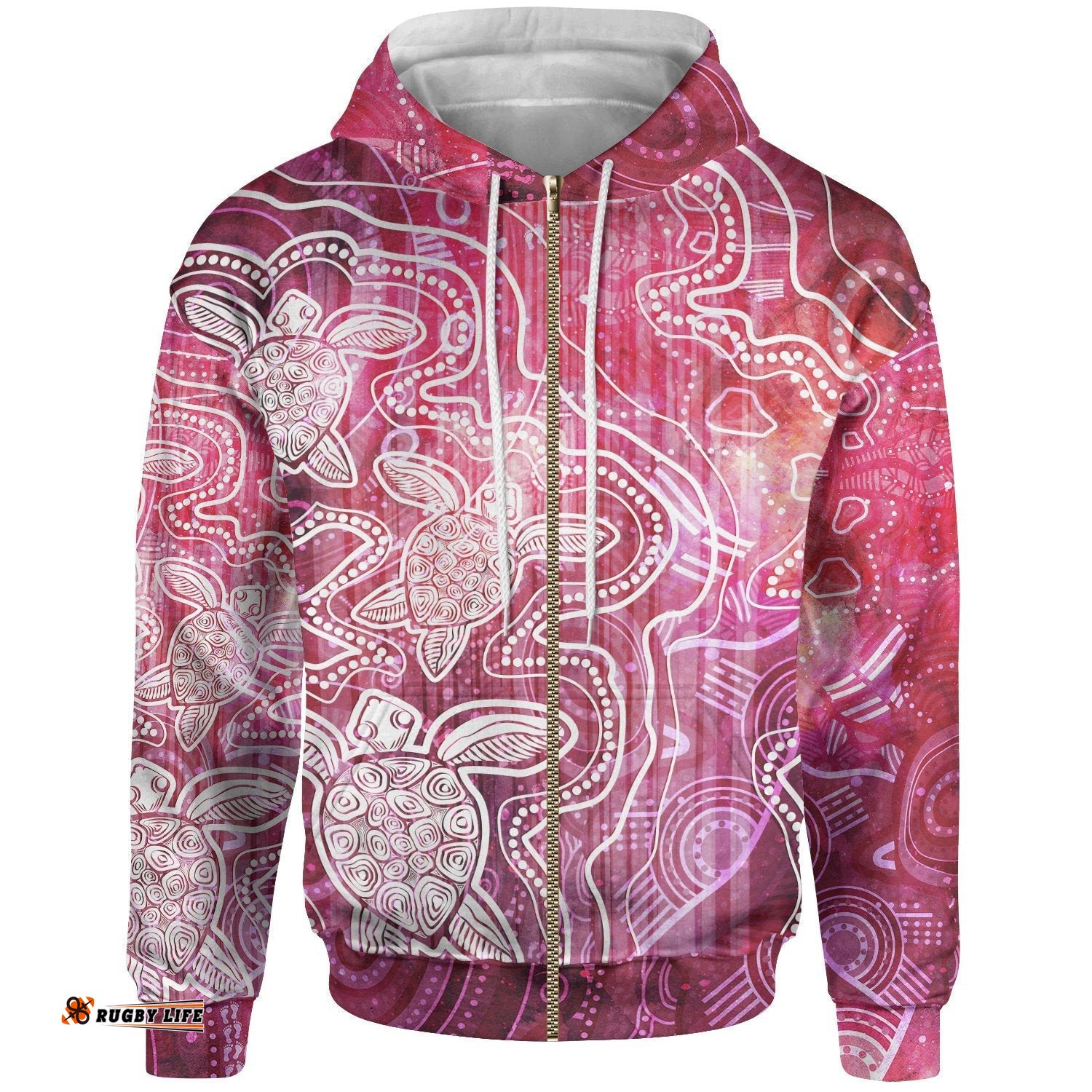 Aboriginal Hoodie Zip Up Sea Turtle With Indigenous Patterns Pink