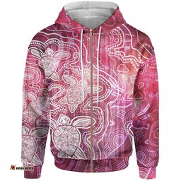 Aboriginal Hoodie Zip Up Sea Turtle With Indigenous Patterns Pink