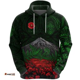 warriors rugby hoodie new zealand mount taranaki with poppy flowers anzac vibes green tee ausie
