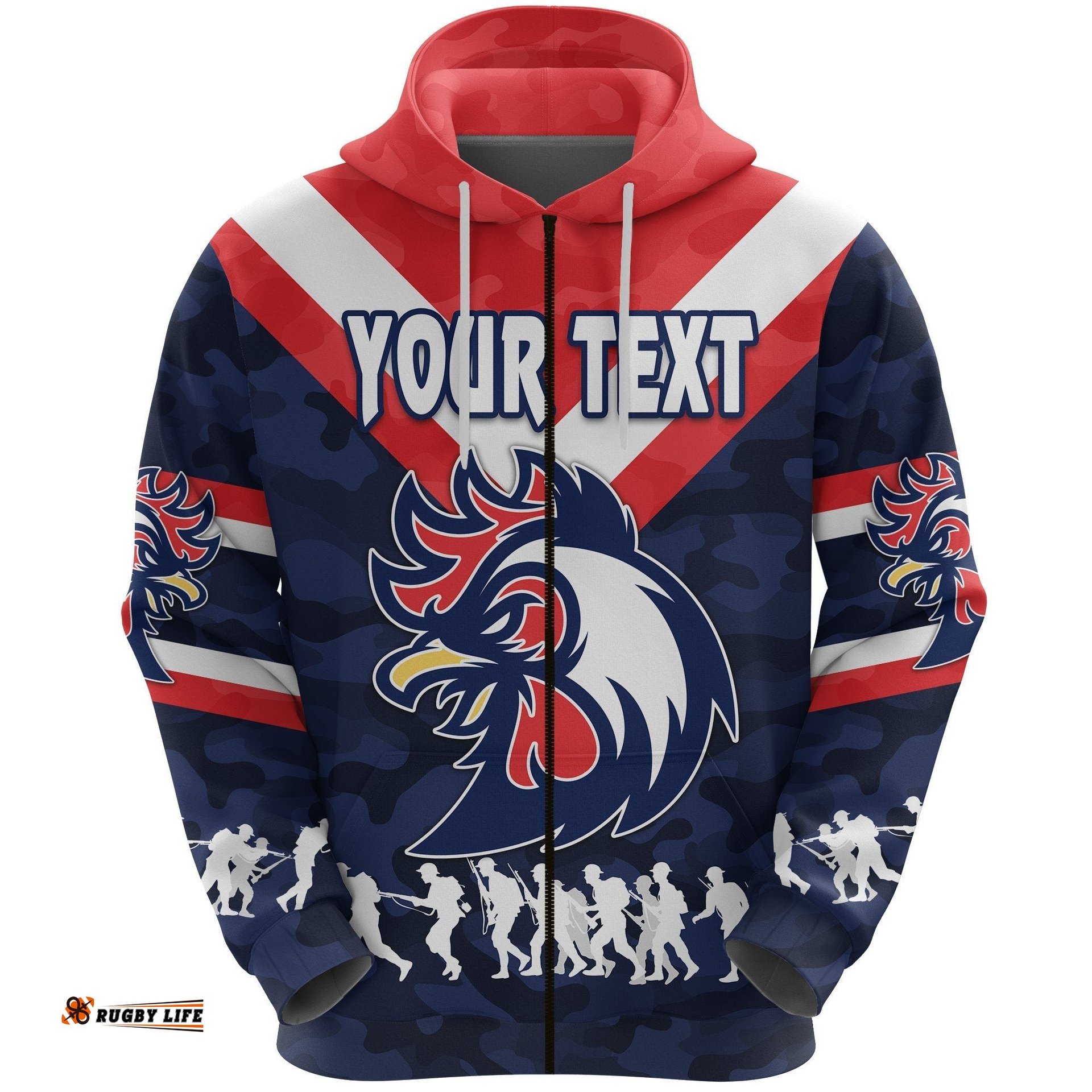 Custom Personalised Sydney Zip Hoodie Roosters ANZAC Style