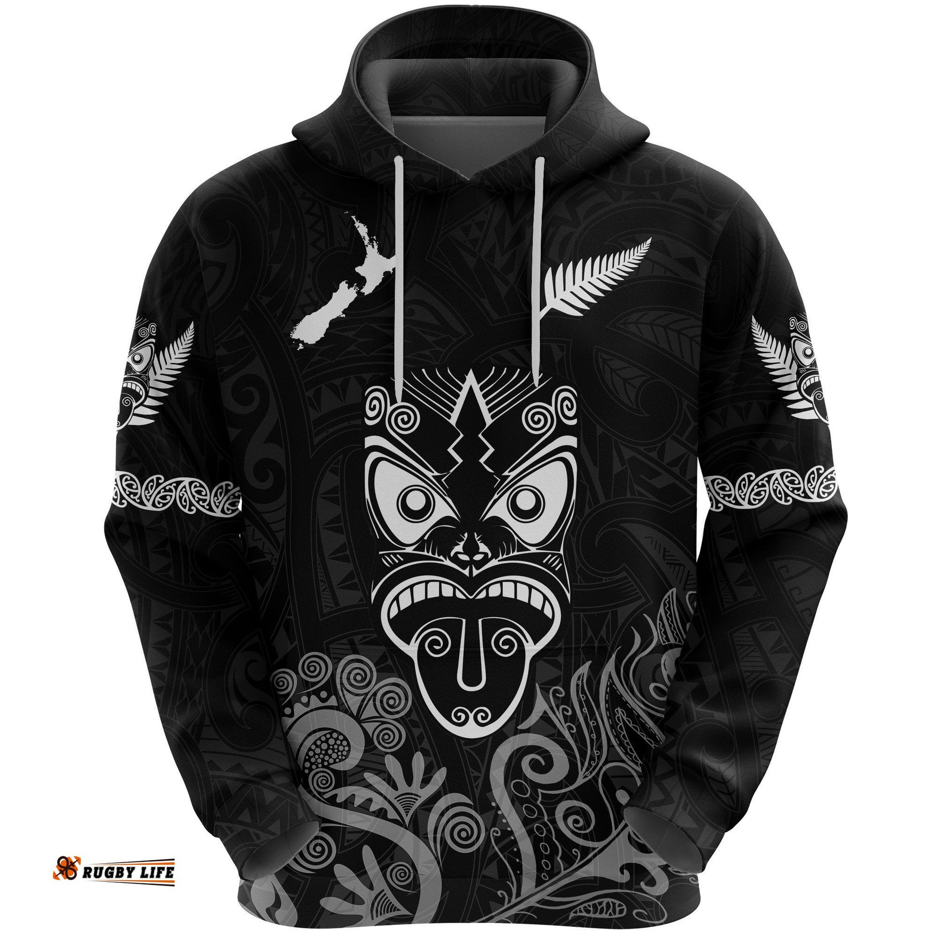 Maori Aotearoa Rugby Haka Hoodie New Zealand Silver Fern Black