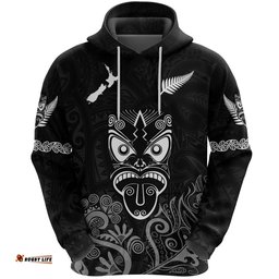 Maori Aotearoa Rugby Haka Hoodie New Zealand Silver Fern Black