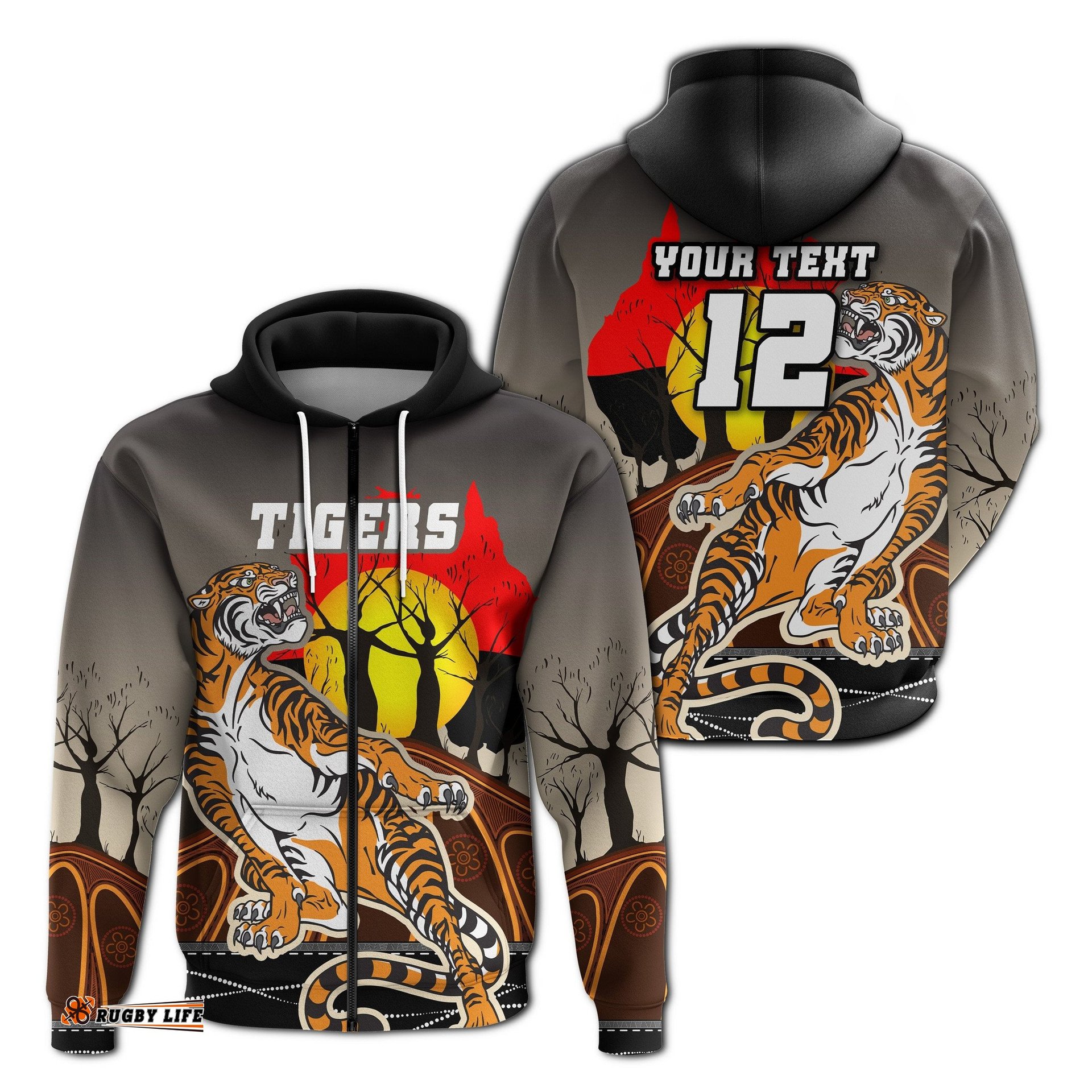 Custom Personalised Wests Tigers Zip Hoodie Version Aboriginal Art