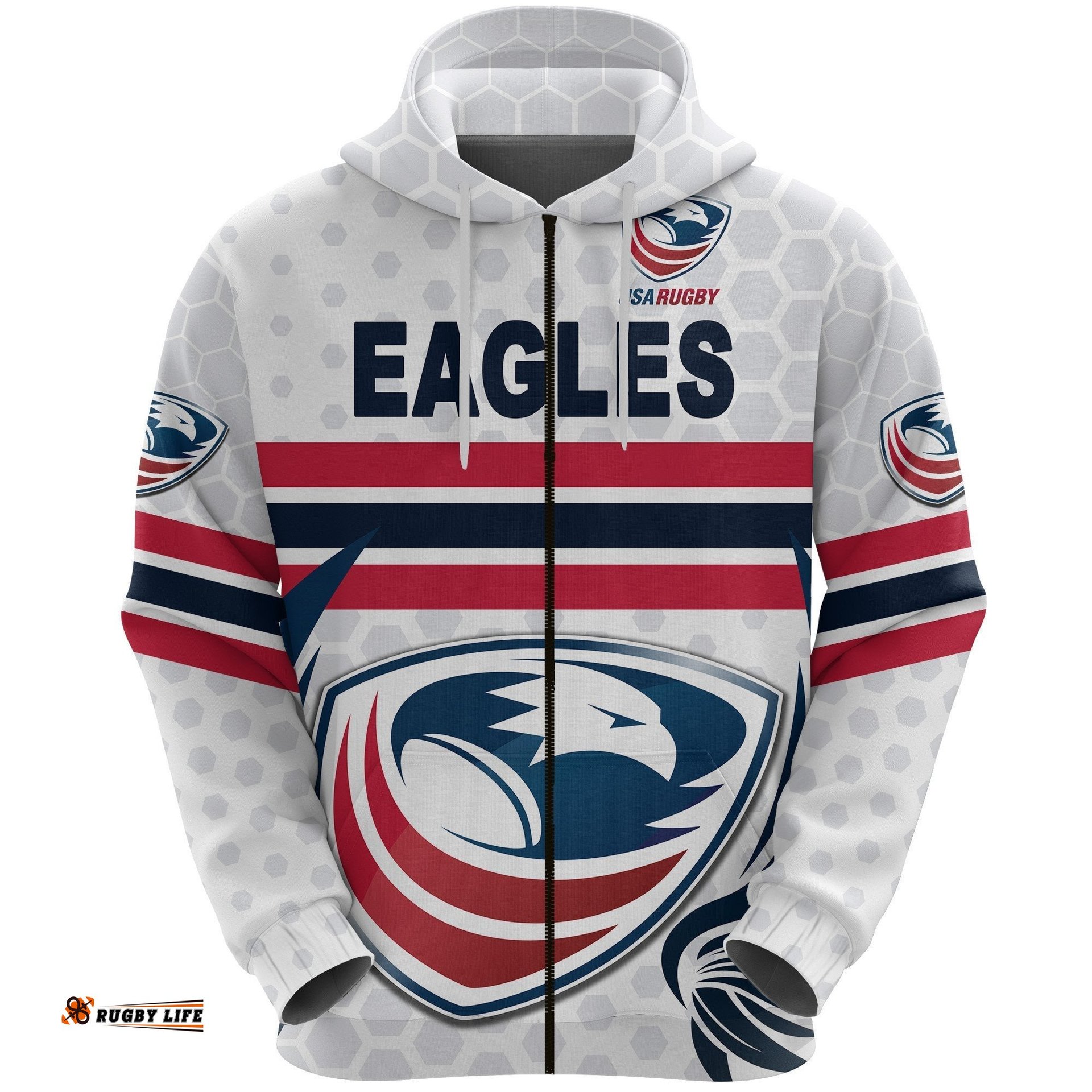 USA Rugby Zip Hoodie Eagles Simple Style White