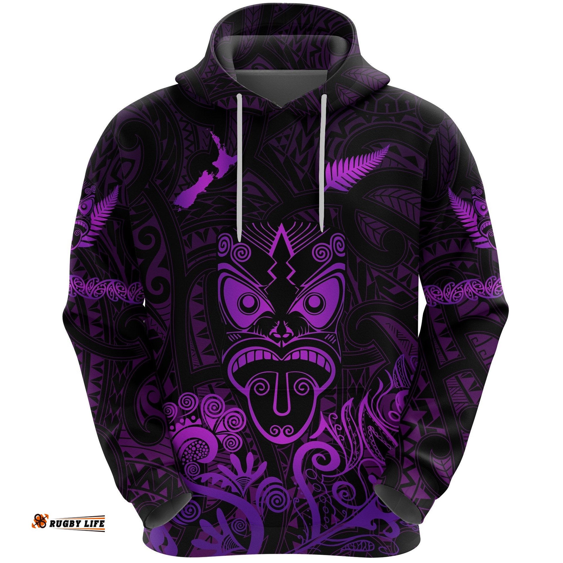 Maori Aotearoa Rugby Haka Hoodie New Zealand Silver Fern Purple