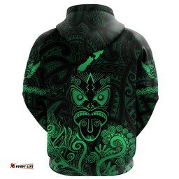 Maori Aotearoa Rugby Haka Zip Hoodie New Zealand Silver Fern Green