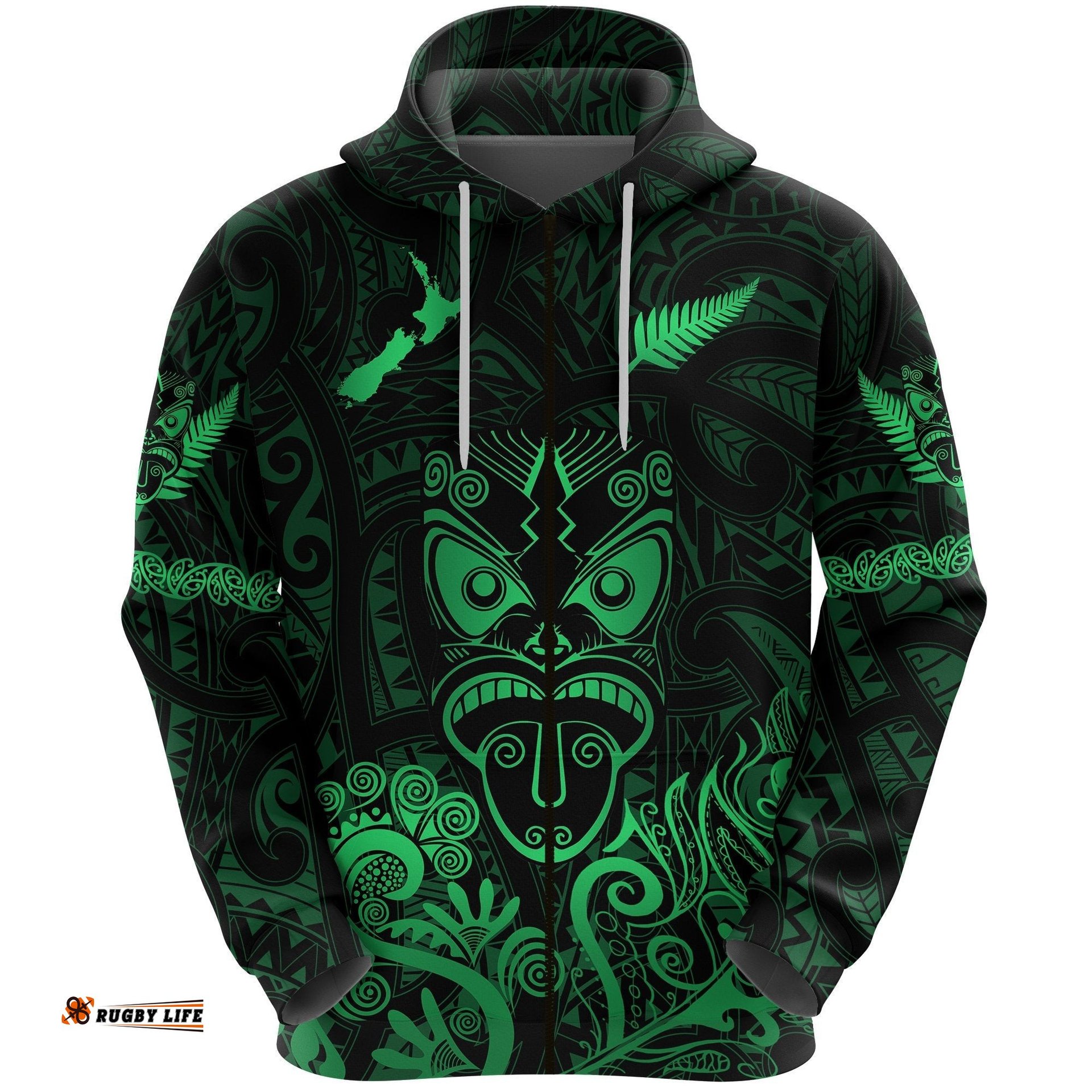 Maori Aotearoa Rugby Haka Zip Hoodie New Zealand Silver Fern Green