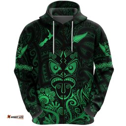 Maori Aotearoa Rugby Haka Zip Hoodie New Zealand Silver Fern Green